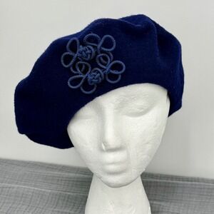 Vtg Navy Wool Felt Beret Hat French Parisian Retro Mod Chic Embroidered Detail